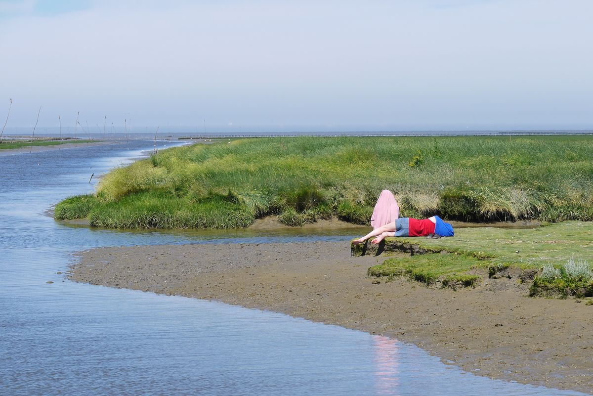 Zonnebaden aan de kust van de Waddenzee - Noord Groningen.